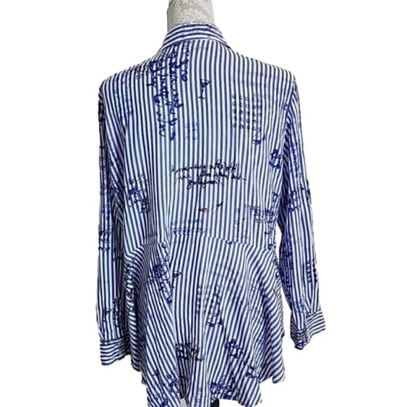 Chico's Tunic Top long Sleeve Blue Striped Button Down W/script Women's XL - Picture 3 of 7